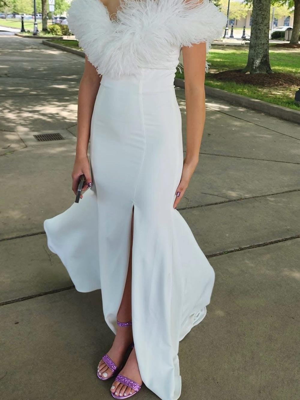 White Feather-Trim Off-Shoulder Evening Gown